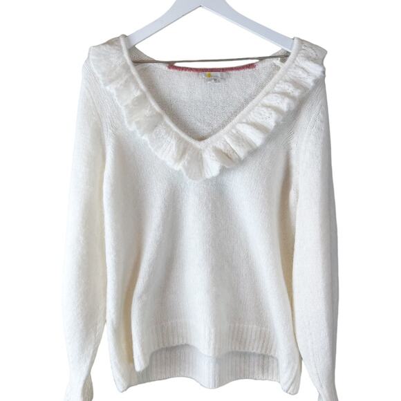 Boden Fluffy Frill V-neck Sweater Ivory Alpaca Size 12 - Picture 7 of 15